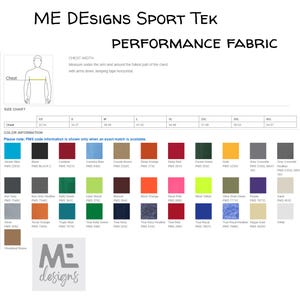 May include: A product image featuring a size chart and color swatches for Sport Tek performance fabric apparel. The chart includes chest measurements in inches, ranging from XS to 4XL. Color options are displayed with PMS codes, including Atomic Blue, Black, Cardinal, and others.