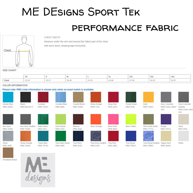 May include: A product image featuring a size chart and color swatches for Sport Tek performance fabric apparel. The chart includes chest measurements in inches, ranging from XS to 4XL. Color options are displayed with PMS codes, including Atomic Blue, Black, Cardinal, and others.