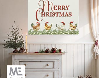 Weihnachtshühner Leinwand Schild, Bauernhaus Urlaub Wandkunst, Rustikales Huhn Dekor, Huhn Liebhaber Geschenkschild, Bauernhof Tier Frohe Weihnachten Dekor