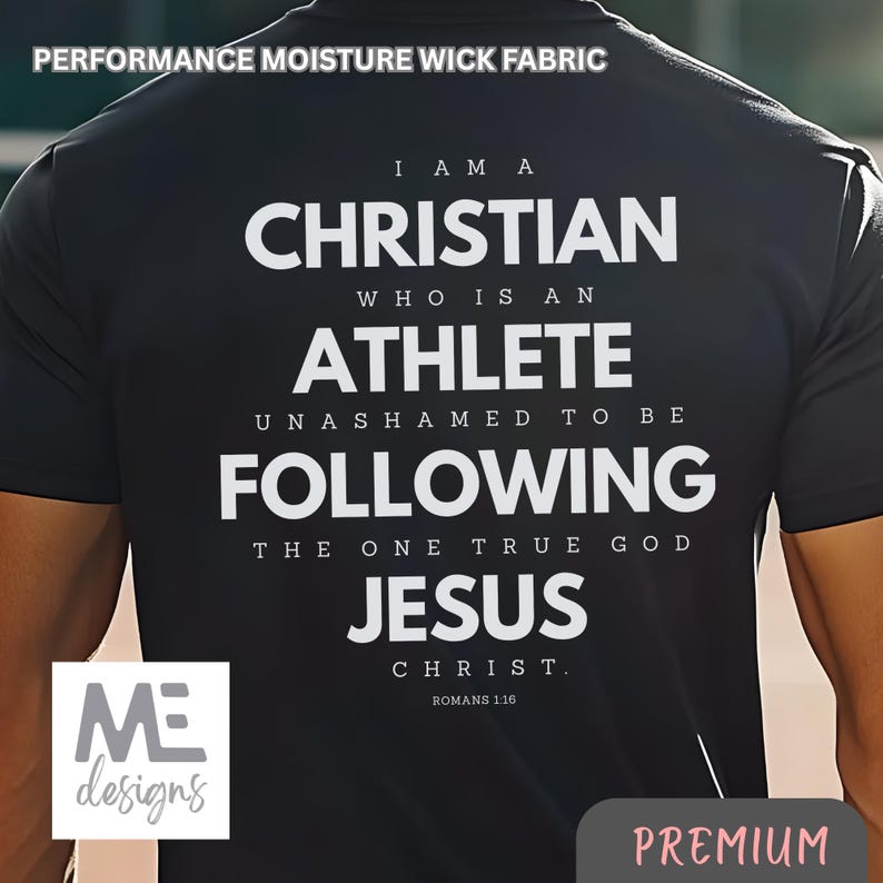 May include: Black athletic shirt with white text: "I AM A CHRISTIAN WHO IS AN ATHLETE UNASHAMED TO BE FOLLOWING THE ONE TRUE GOD JESUS CHRIST." The shirt also has the text "PERFORMANCE MOISTURE WICK FABRIC" and "PREMIUM".