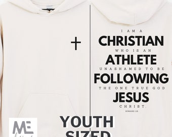May include: A white youth-sized hoodie with the text "I am a Christian who is an athlete unashamed to be following the one true God Jesus Christ. Romans 1:16" printed on the front. The hoodie has a large pocket on the front and the text "ME designs" is printed on the bottom left corner.