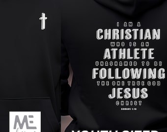 May include: Black youth-sized hoodie with a white cross on the left side and a white graphic on the right side that reads "I am a Christian who is an athlete unashamed to be following the one true God Jesus Christ Romans 1:16".