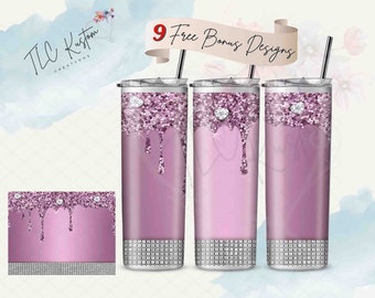May include: Three pink glitter tumbler cups with a diamond design and a dripping glitter effect. The cups have a silver base and a silver lid. The text "9 Free Bonus Designs" is visible in the image.