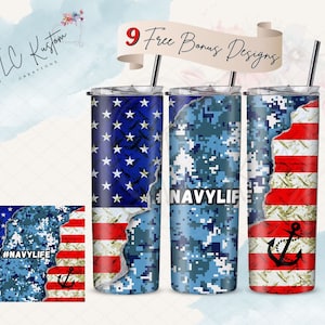 Navy Life Patriotic Camo Flag Military Tumbler Design | 20oz & 30oz Tumbler | Sublimation Design PNG | Digital Download File Only