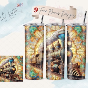 May include: A set of three stainless steel tumblers featuring a stained glass design of a vintage steam train. The design is in shades of blue, green, yellow, and brown. The tumblers are ideal for enjoying your favourite beverages.