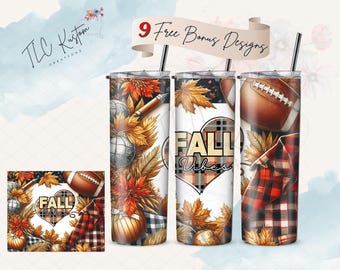 Fall Vibes Football Flannel Leaves Drinking Tumbler Wrap Design | 20oz & 30oz Tumbler | Sublimation Design PNG | Digital Download File Only