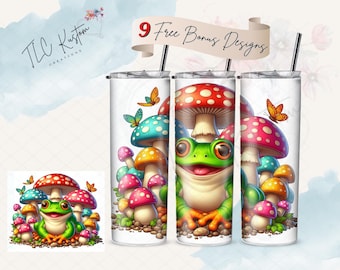 Happy Frog Mushrooms Butterflies Cottagecore Tumbler Design Gift | 20oz & 30oz Tumbler | Sublimation Design PNG | Digital Download File Only