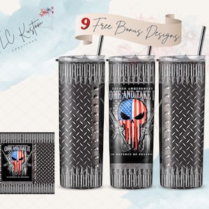 May include: Three stainless steel tumblers with a black and silver diamond plate pattern. The centre tumbler features a skull with a red, white and blue American flag design and the text "Second Amendment Come and Take It" and "In Defence of Freedom".