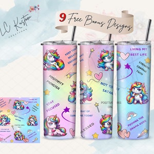 Puede incluir: Nueve diseños de vasos coloridos con un unicornio con pelo arcoíris y una variedad de mensajes positivos. Los diseños incluyen "Keep that negativity away from me", "Positivity Monster", "Stay Focused", "It's a ray of sunshine today", "Blessed", "Not Today Satan", "Positive Vibes Only", "Living My Best Life" y "Pushing the Drama Aside".
