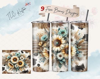 Floral Country Flowers On Cow Pattern Wood Drink Tumbler Design | 20oz & 30oz Tumbler | Sublimation Design PNG | Digital Download File Only
