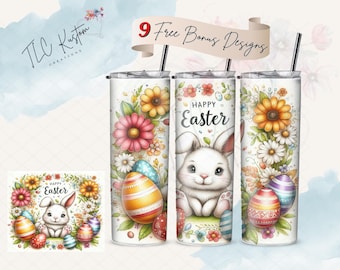 Cute Happy Easter Bunny Egg Floral Holiday Tumbler Design Wrap | 20oz & 30oz Tumbler | Sublimation Design PNG | Digital Download File Only