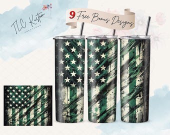 Distressed Grunge Green American Flag Drink Tumbler Design Gift | 20oz & 30oz Tumbler | Sublimation Design PNG | Digital Download File Only