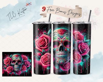 Sugar Skull Floral Fantasy Paint Drip Tumbler Design Wrap | 20oz & 30oz Tumbler | Sublimation Design PNG | Digital Download File Only