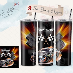 May include: Three black and orange stainless steel tumblers with a racing car design. The tumblers feature a checkered flag, pistons, and flames. The text "Racing" is printed on the middle tumbler.