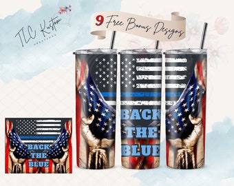 Back The Blue - Blue Line Flag LEO Police Tumbler Design Gift | 20oz & 30oz Tumbler | Sublimation Design PNG | Digital Download File Only