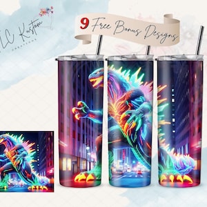 Neon Kaiju Tumbler Wrap, City Fantasy AI Art, 20oz 30oz Sublimation PNG, Digital Download, Godzilla Gift, Urban Sci-Fi Tumbler Design