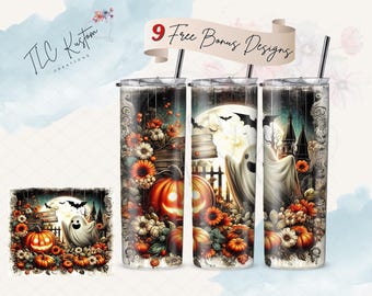 Autumn Fall Pumpkins Ghost Flowers Tumbler Wrap Design | 20oz & 30oz Tumbler | Sublimation Design PNG | Digital Download File Only