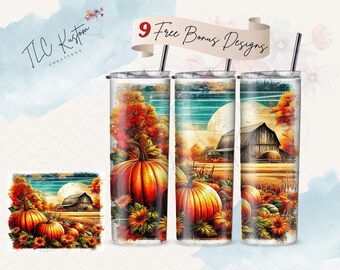 Autumn Fall Pumpkins Flowers Farm Drinking Tumbler Wrap Design | 20oz & 30oz Tumbler | Sublimation Design PNG | Digital Download File Only