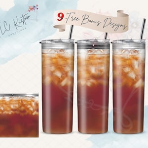 May include: Three clear, tall tumblers filled with iced tea and ice cubes, each with a silver lid and a black straw. The image includes a smaller, cropped view of a tumbler. Text reads "9 Free Bonus Designs" and "TLC Kustom Creations".