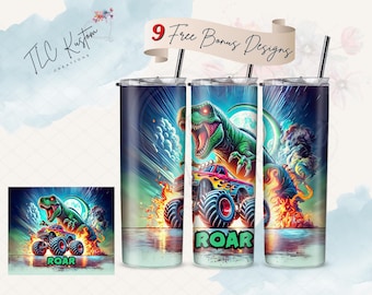 Kids Monster Truck Dinosaur Cartoon T-Rex Tumbler Design Wrap | 20oz & 30oz Tumbler | Sublimation Design PNG | Digital Download File Only