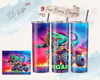 Dynamic Monster Truck Dinosaur Cartoon T-Rex Tumbler Design Wrap | 20oz & 30oz Tumbler | Sublimation Design PNG | Digital Download File Only