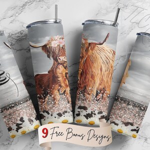 Love Highland Cows in a Field Tumbler Design | 20oz & 30oz Tumbler | Sublimation Design PNG | Digital Download File Only