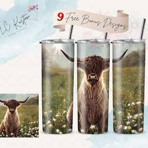 Sunny Highland Cow in Field of Daisies Tumbler Design | 20oz & 30oz Tumbler | Sublimation Design PNG | Digital Download File Only