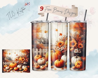 Autumn Fall Scene Pumpkins Flowers Drinking Tumbler Wrap Design | 20oz & 30oz Tumbler | Sublimation Design PNG | Digital Download File Only