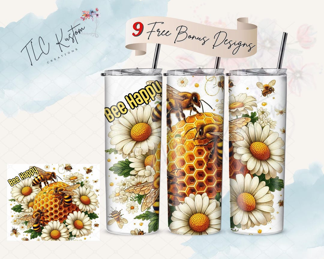 Bee Happy Honeycomb Bees and Daisies Cute Drink Tumbler Design | 20oz ...