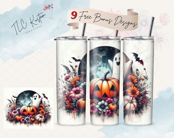 Autumn Fall Pumpkins Ghost Flowers Tumbler Wrap Design | 20oz & 30oz Tumbler | Sublimation Design PNG | Digital Download File Only