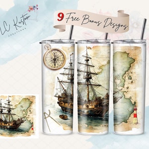 Antique Nautical Map Pirate Ship Treasure Drink Tumbler Design | 20oz & 30oz Tumbler | Sublimation Design PNG | Digital Download File Only