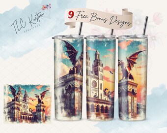 Rustic Grunge Gargoyles Church Retro Look Tumbler Design Wrap | 20oz & 30oz Tumbler | Sublimation Design PNG | Digital Download File Only