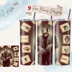 Könnte beinhalten: Drei Edelstahlbecher mit Frankenstein-Motiv. Die Becher zeigen ein Vintage-Design mit medizinischen Illustrationen von Gehirn, Herz, Auge und chirurgischen Instrumenten. Der mittlere Becher zeigt ein Ganzkörperbild von Frankenstein.