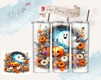 Autumn Fall Pumpkin Cute Ghost Flowers Tumbler Wrap Design | 20oz & 30oz Tumbler | Sublimation Design PNG | Digital Download File Only