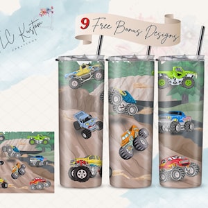 May include: Three stainless steel tumblers with monster truck designs. Each tumbler features a different truck design, including yellow, green, blue, and red trucks. The tumblers have a silver straw and a clear lid. The text "9 Free Bonus Designs" is visible.