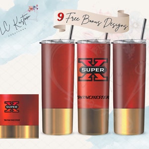 Puede incluir: Tres vasos de acero inoxidable rojos y dorados con un logotipo negro y rojo que dice "Super X Winchester".