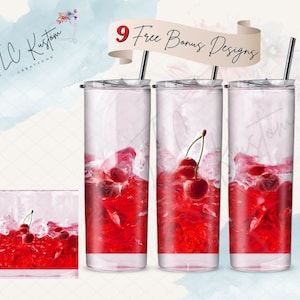 May include: Three clear tumblers with red cherry and ice designs. The tumblers are filled with a red liquid and have a straw in each. The text "9 Free Bonus Designs" is visible in the image.