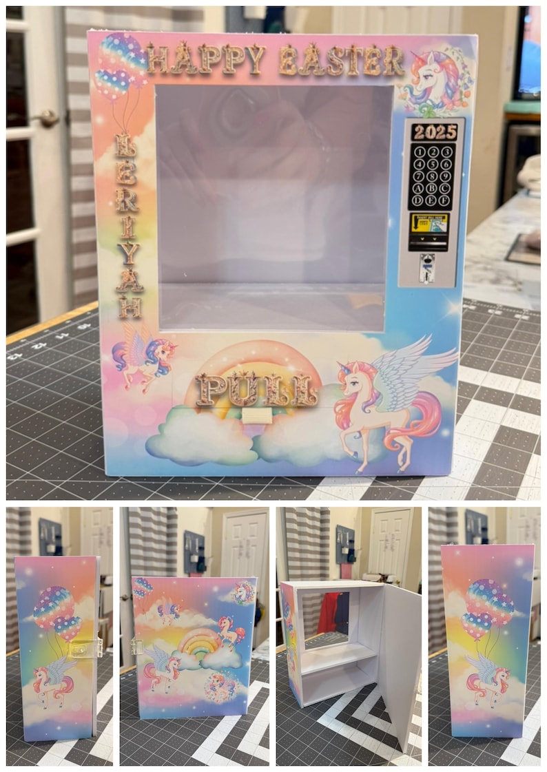 May include: A pastel-colored Easter-themed box with a unicorn and cloud design. The box features the text "HAPPY EASTER" and "BERRIYAH". It has a pull-out section and a vending machine-style panel with the year "2025".