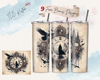 Gothic Dracula Clock and Ravens Vintage Look Tumbler Design Wrap | 20oz & 30oz Tumbler | Sublimation Design PNG | Digital Download File Only