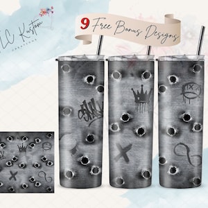 Metal With Bullet Holes and Graffiti Drink Tumbler Design Gift | 20oz & 30oz Tumbler | Sublimation Design PNG | Digital Download File Only