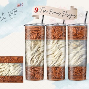 May include: A set of three stainless steel tumblers with a Western-themed design. The tumblers feature a brown, embossed leather pattern at the top and bottom, with a central section of faux fur. Each tumbler includes a straw and lid.