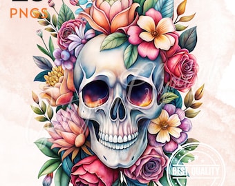 Könnte beinhalten: Eine Illustration eines menschlichen Schädels, umgeben von einem lebendigen Arrangement aus bunten Blumen und grünen Blättern. Der Text 20 PNGS erscheint in der oberen linken Ecke und ein kreisförmiger BEST QUALITY Stempel ist unten rechts.