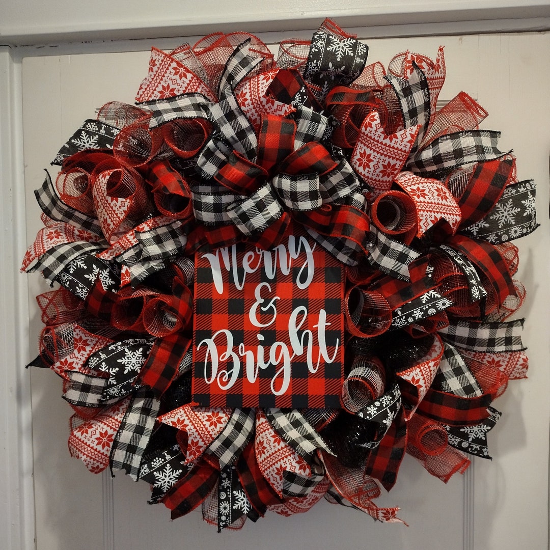 Merry and Bright Christmas Wreath Front Door Decor Deco Mesh Ribbon ...