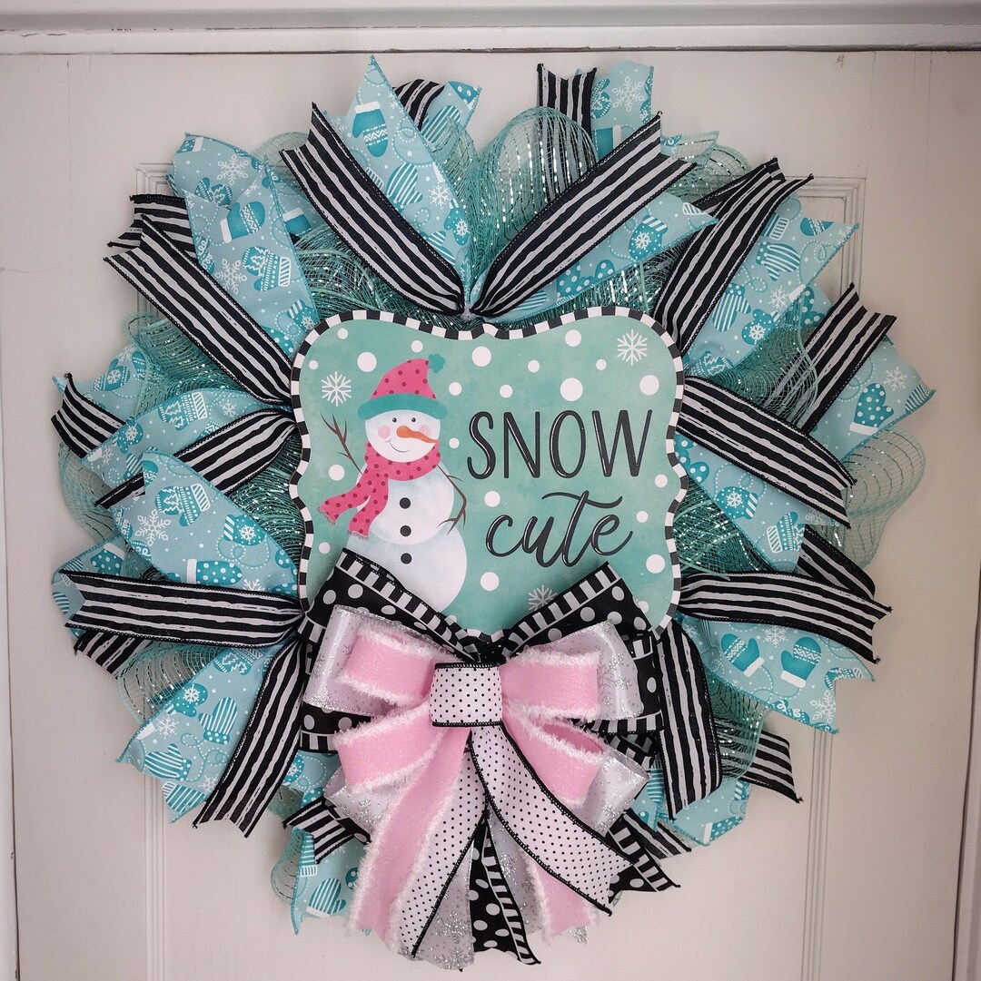 Snowman Wreath Winter Wreath Front Door Icy Blue Aqua Black White Pink ...