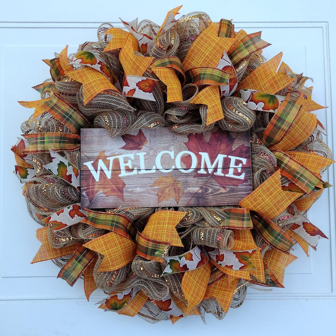 Fall Welcome Wreath Deco Mesh Autumn Wreath Beige Orange, Green - Etsy
