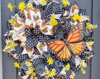 Butterfly deco mesh wreath Spring wreath Summer wreath Monarch butterfly wreath Floral wreath