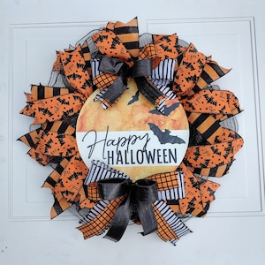 Happy Halloween wreath for front door Spooky wreath Blood moon and bats wreath Black and orange wreath Trick or treat wreath