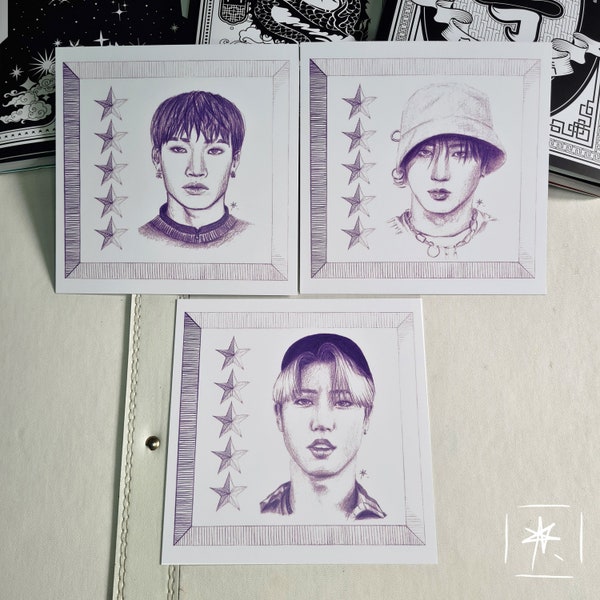Stray Kids Bangchan, Changbin, Han 3Racha 5 étoiles Impression d'art carré violet crayons de couleur - Kpop, Stay, SKZ