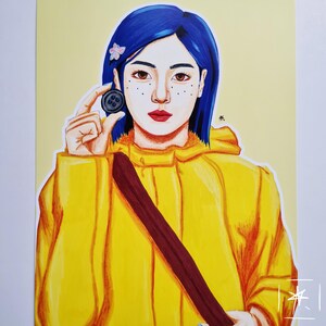 May include: A hand-drawn illustration of a girl with blue hair wearing a yellow raincoat and holding a black button. The girl has freckles and is looking at the button.