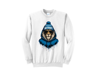 Detroit Football Sweater Cool Detroit Pride Hoodie Design, Trendy Lion in Sunglasses Crewneck, Gift for Detroit Fans & Michiganders